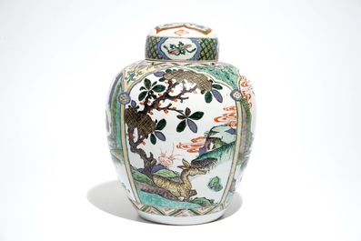 A Chinese famille verte Kangxi-style jar and cover, 19th C.