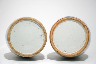 A pair of Chinese blue and white celadon-ground vases, 19th C.