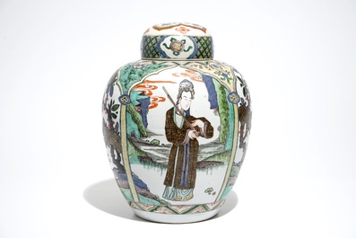 A Chinese famille verte Kangxi-style jar and cover, 19th C.