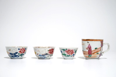 Four Chinese famille rose cups and saucers, Yongzheng/Qianlong