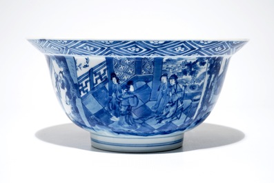 Een Chinese blauwwitte klapmutskom, Kangxi merk en periode
