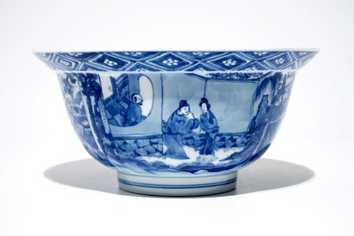 Een Chinese blauwwitte klapmutskom, Kangxi merk en periode