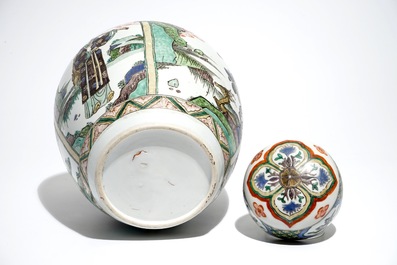 A Chinese famille verte Kangxi-style jar and cover, 19th C.