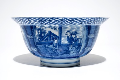 Een Chinese blauwwitte klapmutskom, Kangxi merk en periode