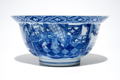 Een Chinese blauwwitte klapmutskom, Kangxi merk en periode