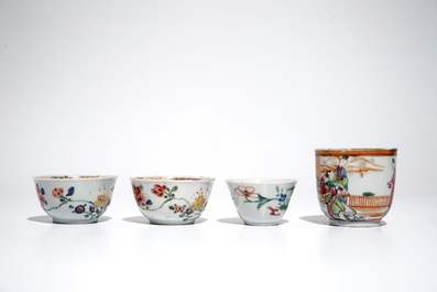 Four Chinese famille rose cups and saucers, Yongzheng/Qianlong