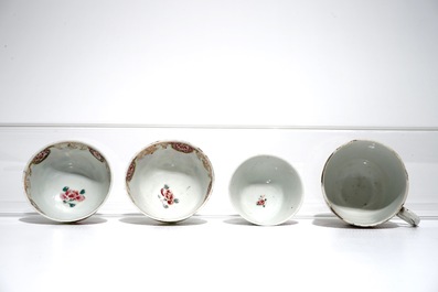 Four Chinese famille rose cups and saucers, Yongzheng/Qianlong
