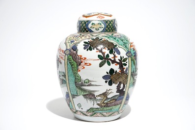 A Chinese famille verte Kangxi-style jar and cover, 19th C.