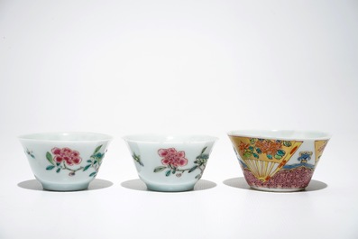 A set of six and a pair of Chinese famille rose cups and saucers, Yongzheng/Qianlong