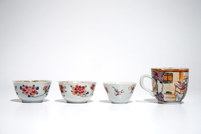 Four Chinese famille rose cups and saucers, Yongzheng/Qianlong