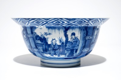 Een Chinese blauwwitte klapmutskom, Kangxi merk en periode