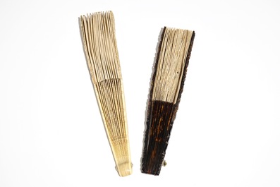 A Chinese tortoise and silk fan and an ivory example with painted European scene, 19th C.