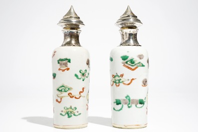 A pair of Chinese famille verte silver-mounted rouleau vases, Kangxi
