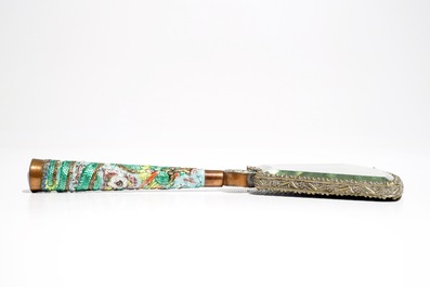 A Chinese enamelled silver and brass mirror and two brushes, 19/20th C.