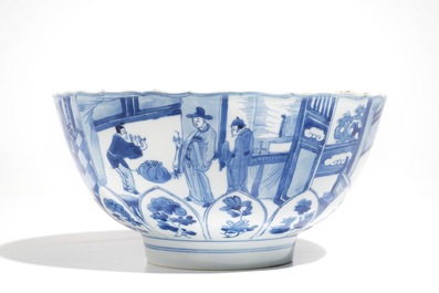 A Chinese blue and white moulded lotus-shaped bowl, Xuande mark, Kangxi