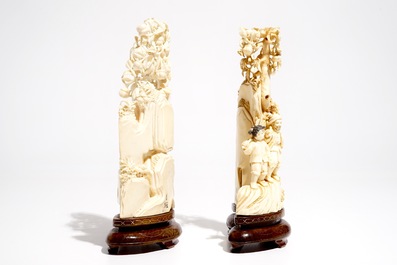 Two Chinese carved ivory groups on wooden base, 2nd quarter 20th C.