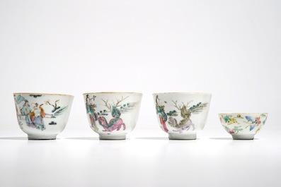 A Chinese famille rose vase and four cups, 19th C.