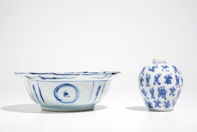 A Chinese blue and white klapmuts bowl, Wanli and a small globular '100 boys' vase, Kangxi mark, 19th C.