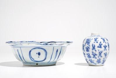 A Chinese blue and white klapmuts bowl, Wanli and a small globular '100 boys' vase, Kangxi mark, 19th C.