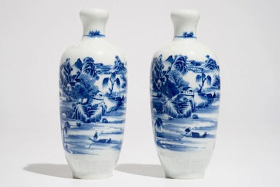A pair of Chinese blue and white landscape vases, Qianlong mark, Republic, 20th C.