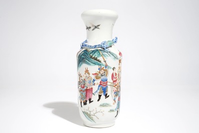 A Chinese famille rose vase and four cups, 19th C.