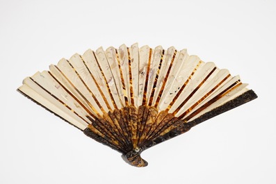 A Chinese tortoise and silk fan and an ivory example with painted European scene, 19th C.