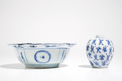 A Chinese blue and white klapmuts bowl, Wanli and a small globular '100 boys' vase, Kangxi mark, 19th C.