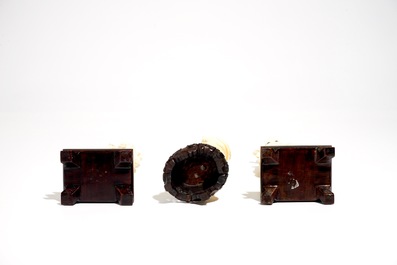 Three Chinese ivory figures on wooden bases, 1st half 20th C.
