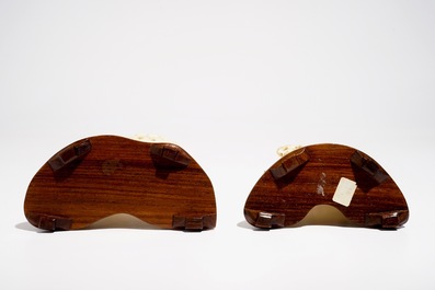 Two Chinese carved ivory groups on wooden base, 2nd quarter 20th C.
