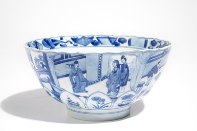 A Chinese blue and white moulded lotus-shaped bowl, Xuande mark, Kangxi