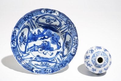 A Chinese blue and white klapmuts bowl, Wanli and a small globular '100 boys' vase, Kangxi mark, 19th C.