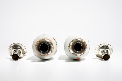 A pair of Chinese famille verte silver-mounted rouleau vases, Kangxi