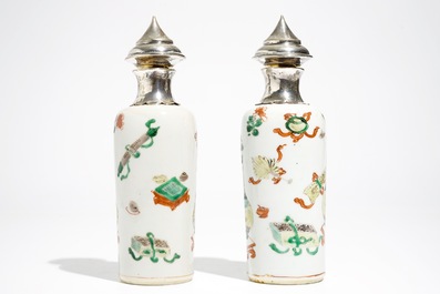 A pair of Chinese famille verte silver-mounted rouleau vases, Kangxi