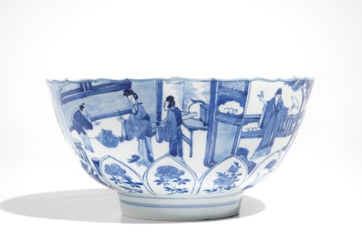 A Chinese blue and white moulded lotus-shaped bowl, Xuande mark, Kangxi