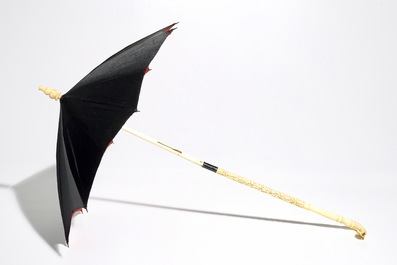 A Chinese folding umbrella with ivory handle, in original box marked Lee Ching, Canton, 19th C.
