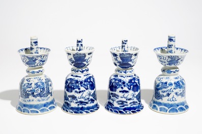 Two pairs of Chinese blue and white candlesticks with dragons, 19/20th C.