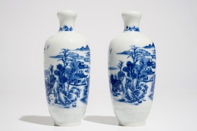 A pair of Chinese blue and white landscape vases, Qianlong mark, Republic, 20th C.