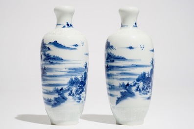A pair of Chinese blue and white landscape vases, Qianlong mark, Republic, 20th C.