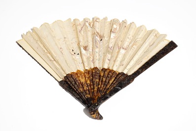A Chinese tortoise and silk fan and an ivory example with painted European scene, 19th C.