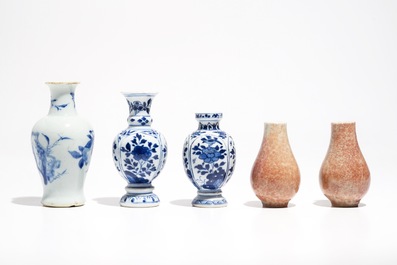 Five Chinese blue and white and copper red miniature vases, Kangxi