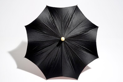 A Chinese folding umbrella with ivory handle, in original box marked Lee Ching, Canton, 19th C.