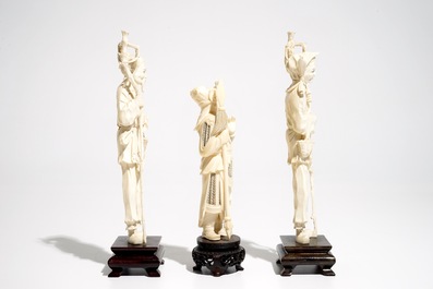 Three Chinese ivory figures on wooden bases, 1st half 20th C.