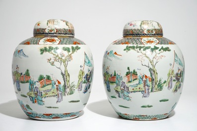 A pair of Chinese famille verte covered jars with figural design, 19th C.