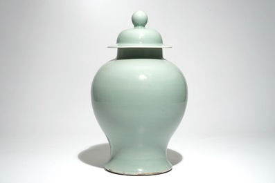 A Chinese monochrome celadon baluster vase and cover, 19th C.