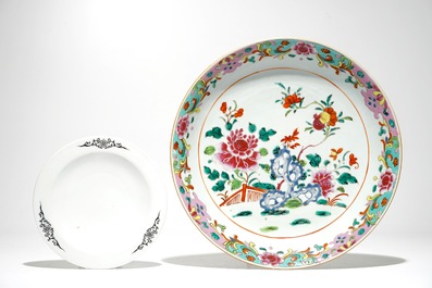 A Chinese famille rose floral dish and a famille rose jardiniere on stand, 18th and 20th C.