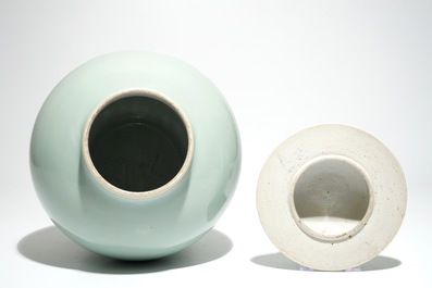 A Chinese monochrome celadon baluster vase and cover, 19th C.