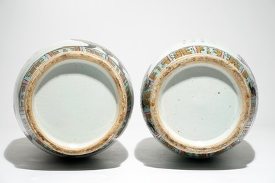 A pair of tall Chinese famille rose vases with incense burners, 19th C.