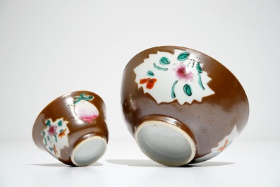 Two Chinese famille rose capucin-ground bowls and eight cups and saucers, Qianlong