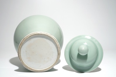 A Chinese monochrome celadon baluster vase and cover, 19th C.