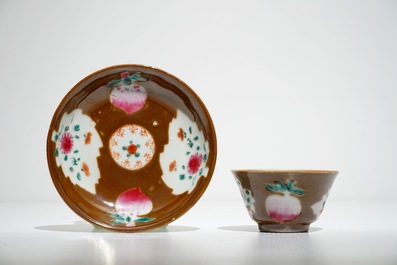 Two Chinese famille rose capucin-ground bowls and eight cups and saucers, Qianlong